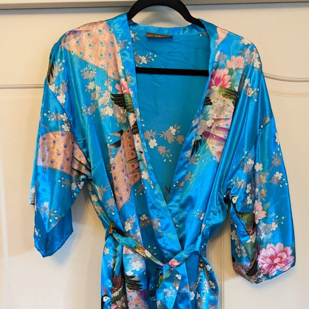 VEAMI Women's Satin Kimono Robe - Teal Peacock & Blossoms